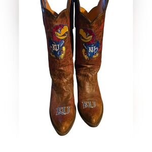 University of Kansas Brown Leather Western Heeled Boots with Jayhawk Embroidery